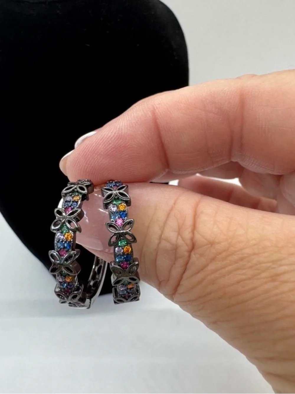 Multicolor Rhinestone Butterfly Hoop Earrings Gunmetal Black Statement Jewelry